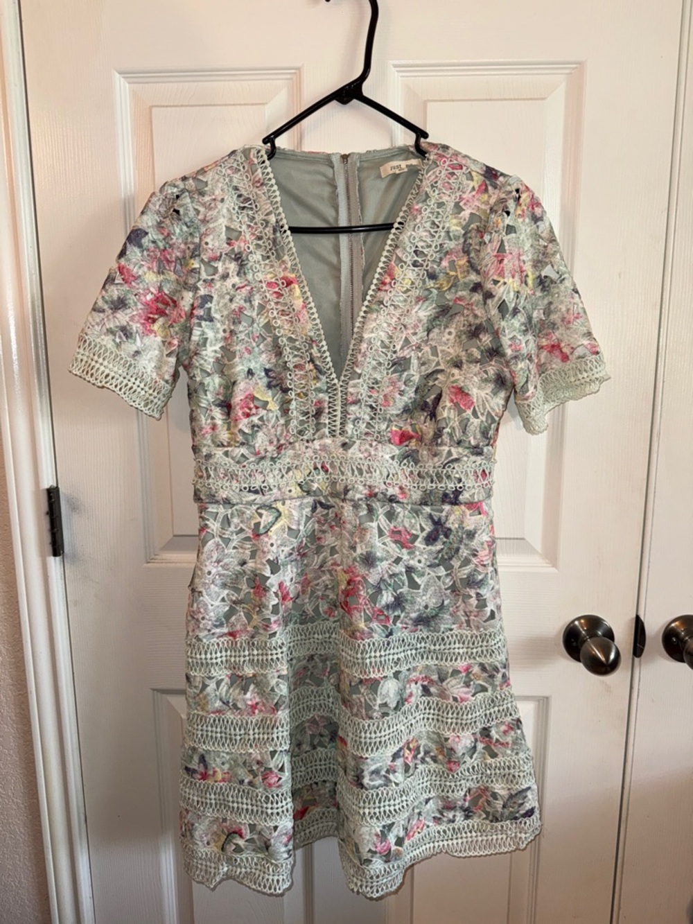 Just Me Floral Lace Mini Dress in Mint with Pink Accents